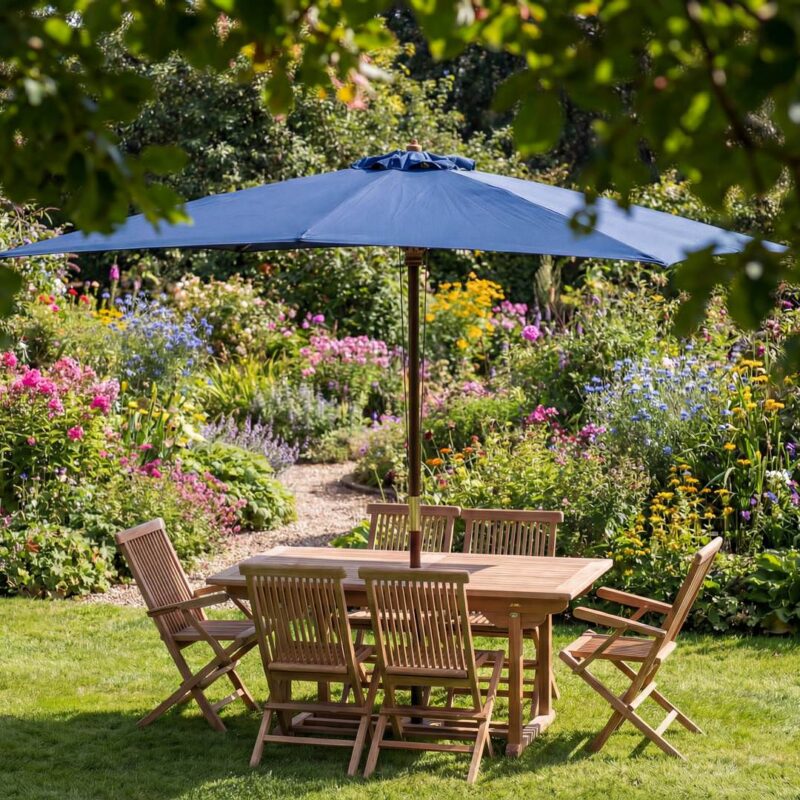 Navy Blue Rectangular 3m x 2m Wooden Garden Parasol