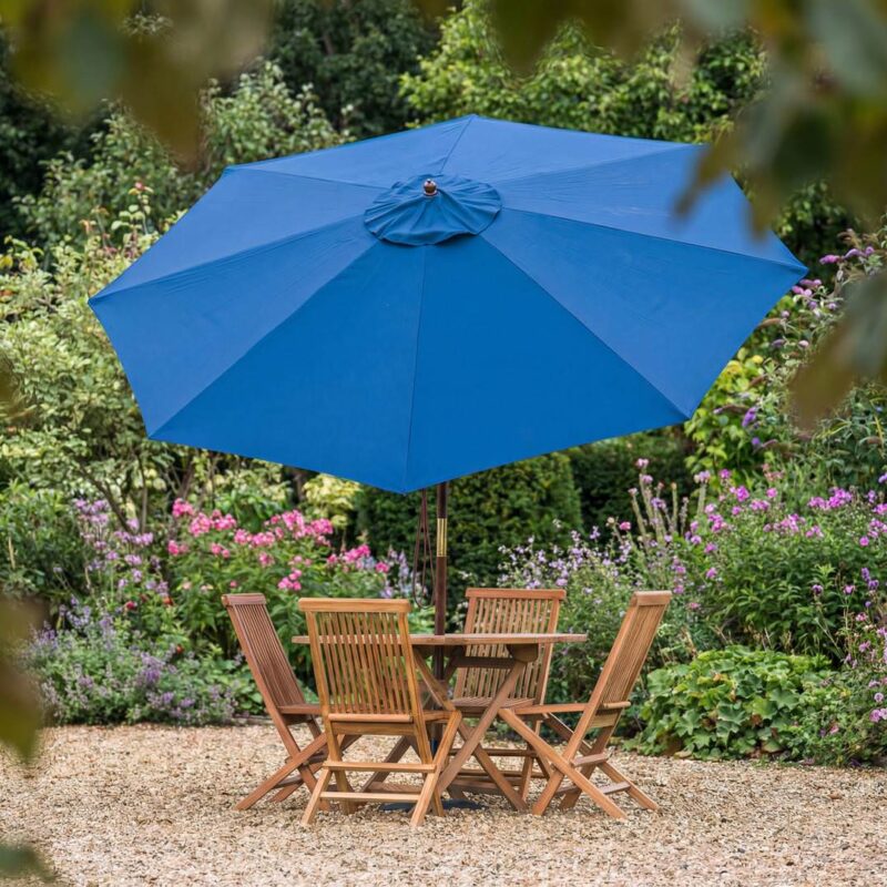 Navy Blue 3m Round Tilting Wooden Garden Parasol